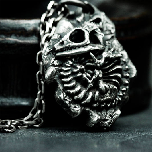 Chameleon Fossil Pendant with Skull and Spine Detail ¨C 925 Sterling Silver Handmade