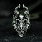Horned Demon Goat Ring with Carved Flames ¨C 925 Sterling Silver Handmade