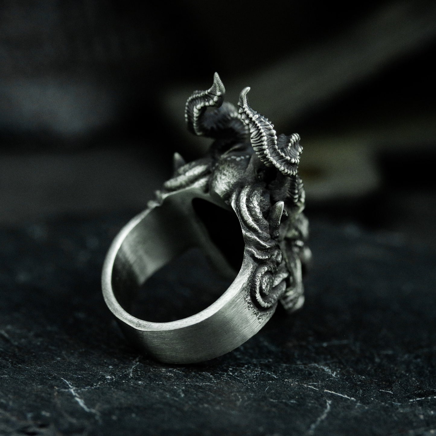 Horned Demon Goat Ring with Carved Flames ¨C 925 Sterling Silver Handmade