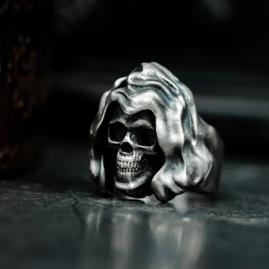 Long-Haired Skull Ring with Flowing Hood ¨C 925 Sterling Silver Handmade