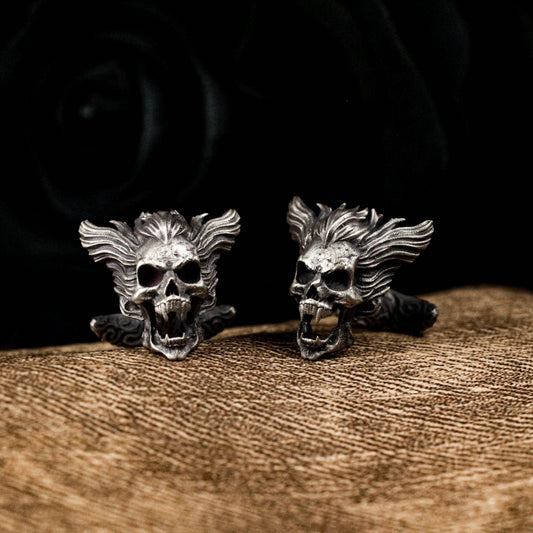 Flaming Skull Cufflinks, 925 Silver Handmade