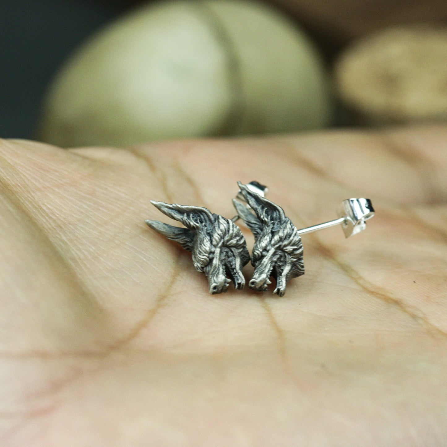 Long Ear Wolf Earrings ¨C Handmade 925 Silver Gothic Beast Studs