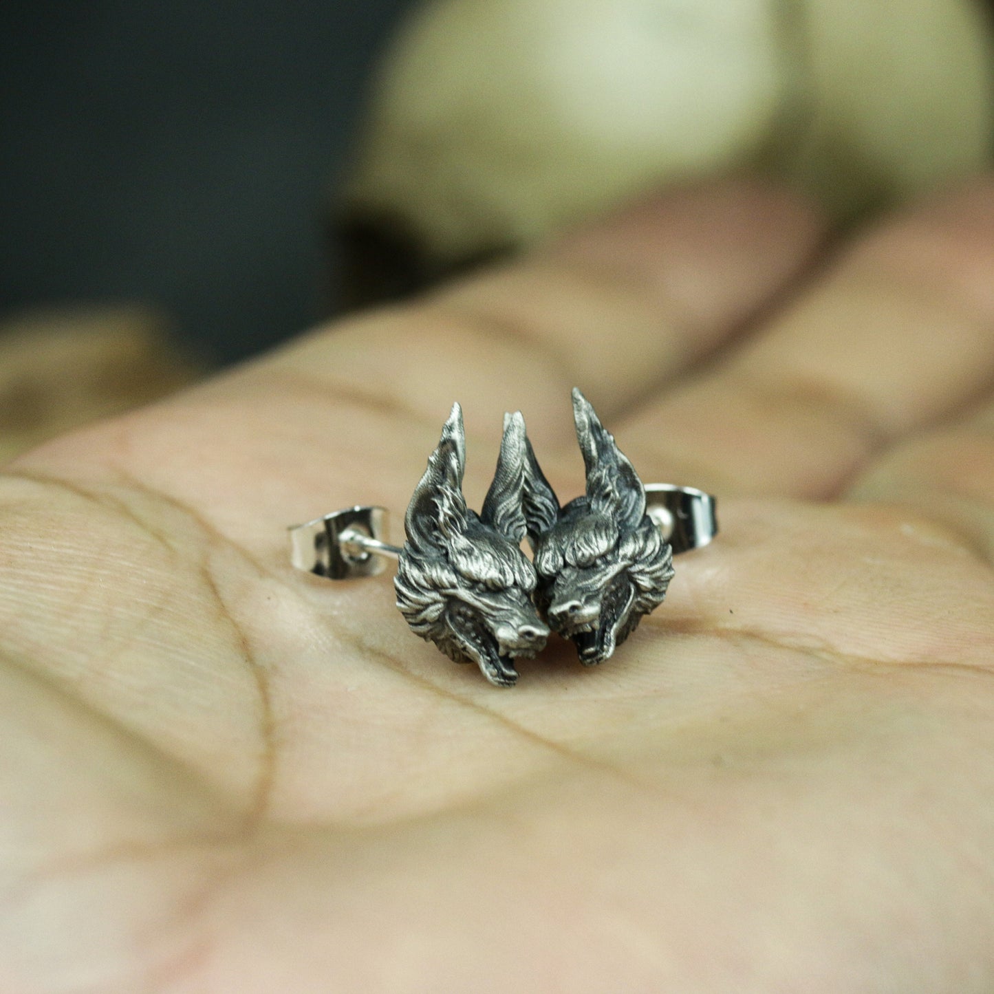 Long Ear Wolf Earrings ¨C Handmade 925 Silver Gothic Beast Studs