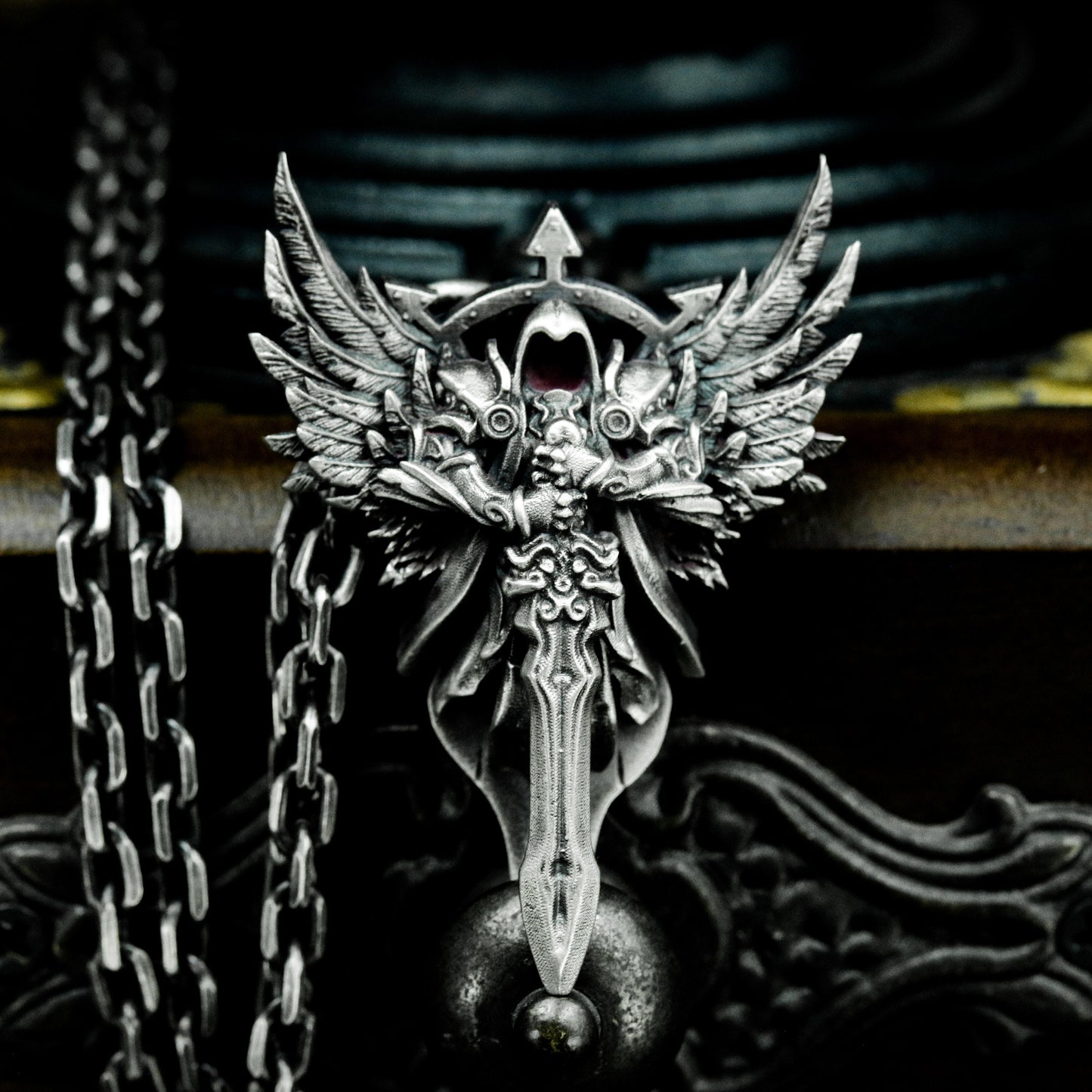 Winged Skull Crown Sword Pendant - 925 Sterling Silver Handmade