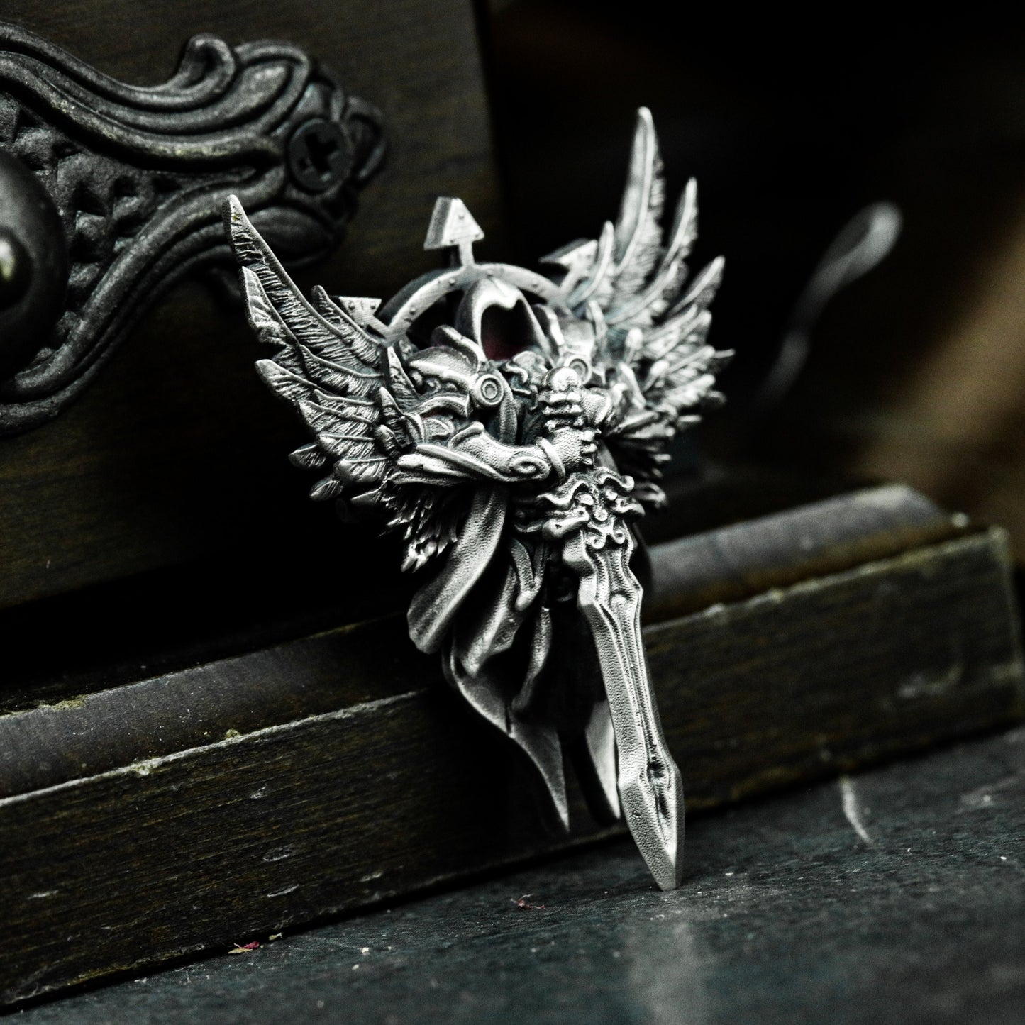 Winged Skull Crown Sword Pendant - 925 Sterling Silver Handmade