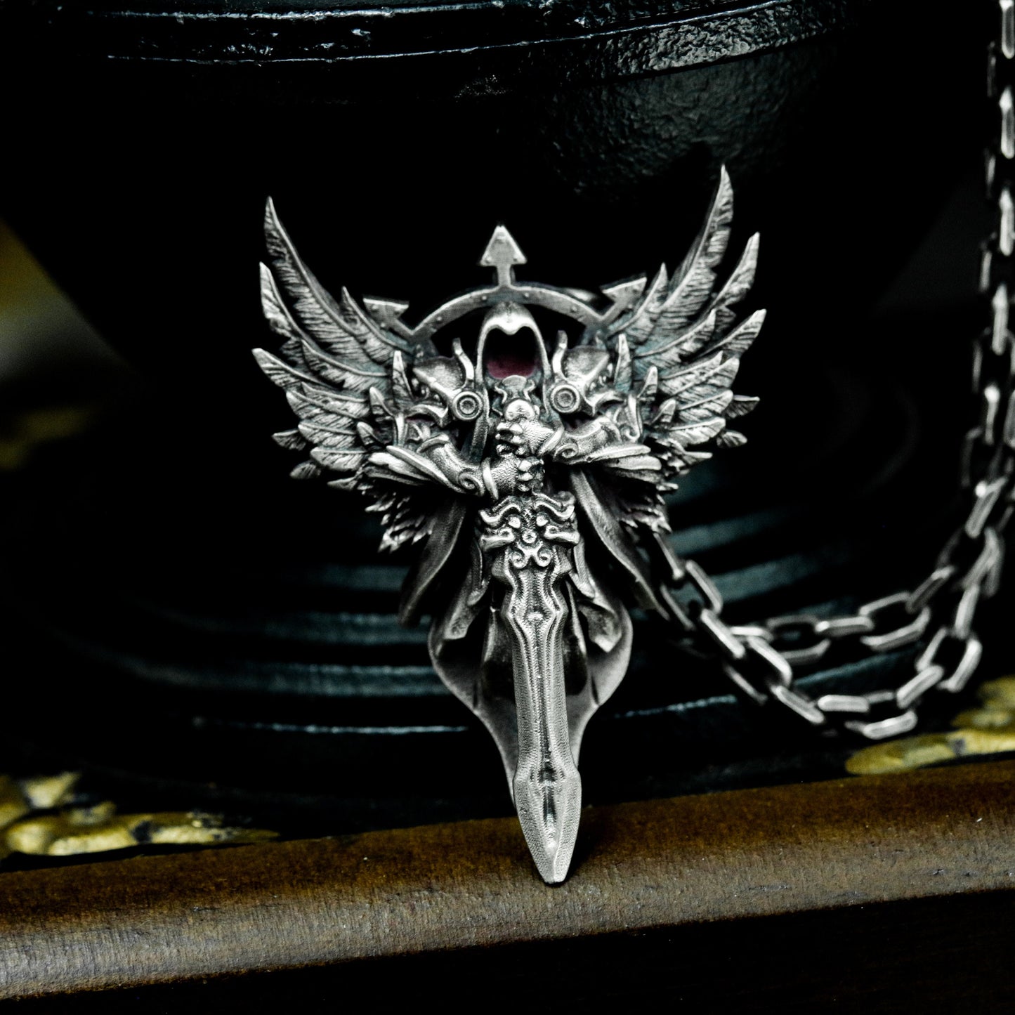 Winged Skull Crown Sword Pendant - 925 Sterling Silver Handmade