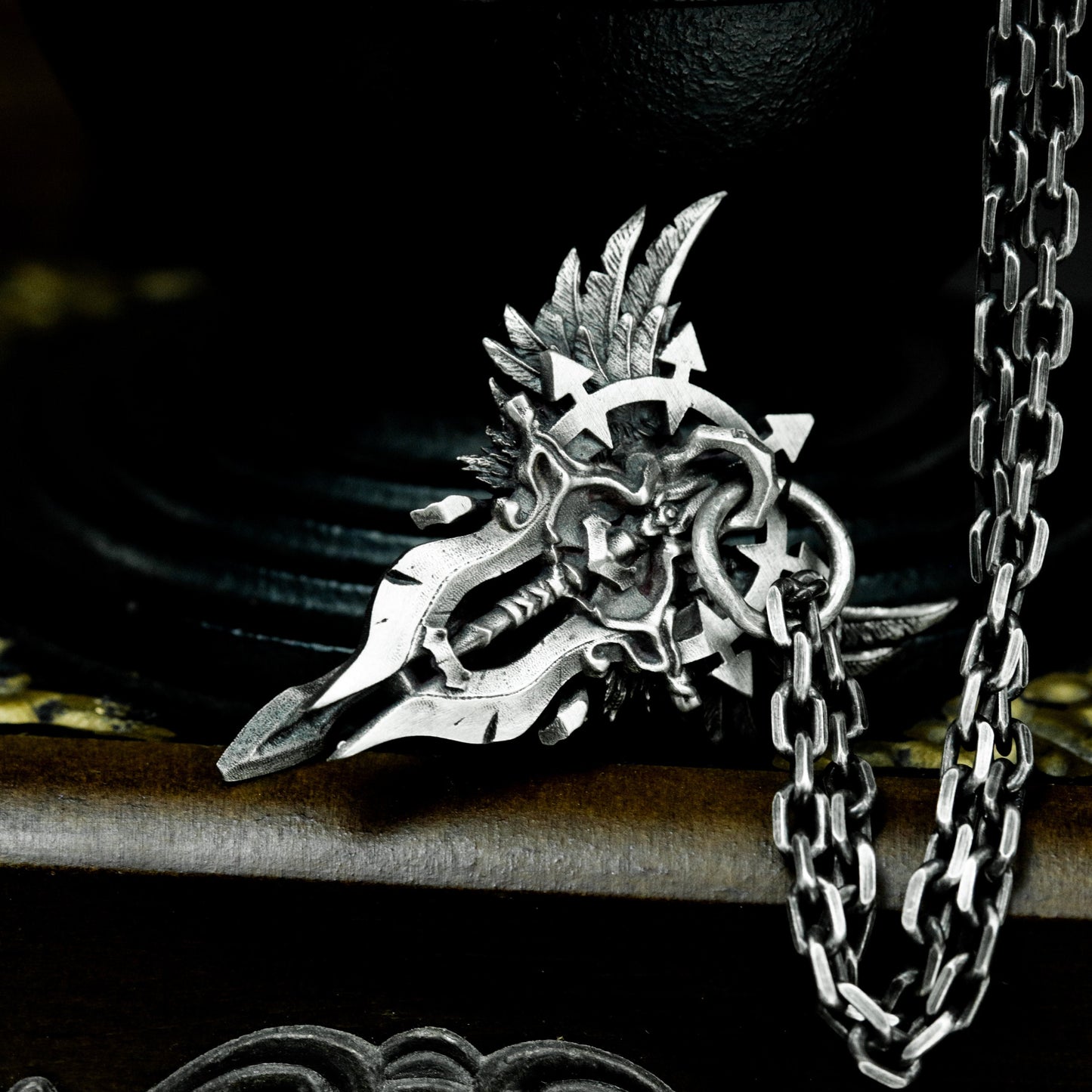 Winged Skull Crown Sword Pendant - 925 Sterling Silver Handmade
