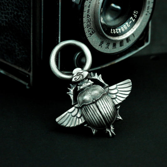 Winged Scarab Pendant with Mechanical Detail - 925 Sterling Silver Handmade
