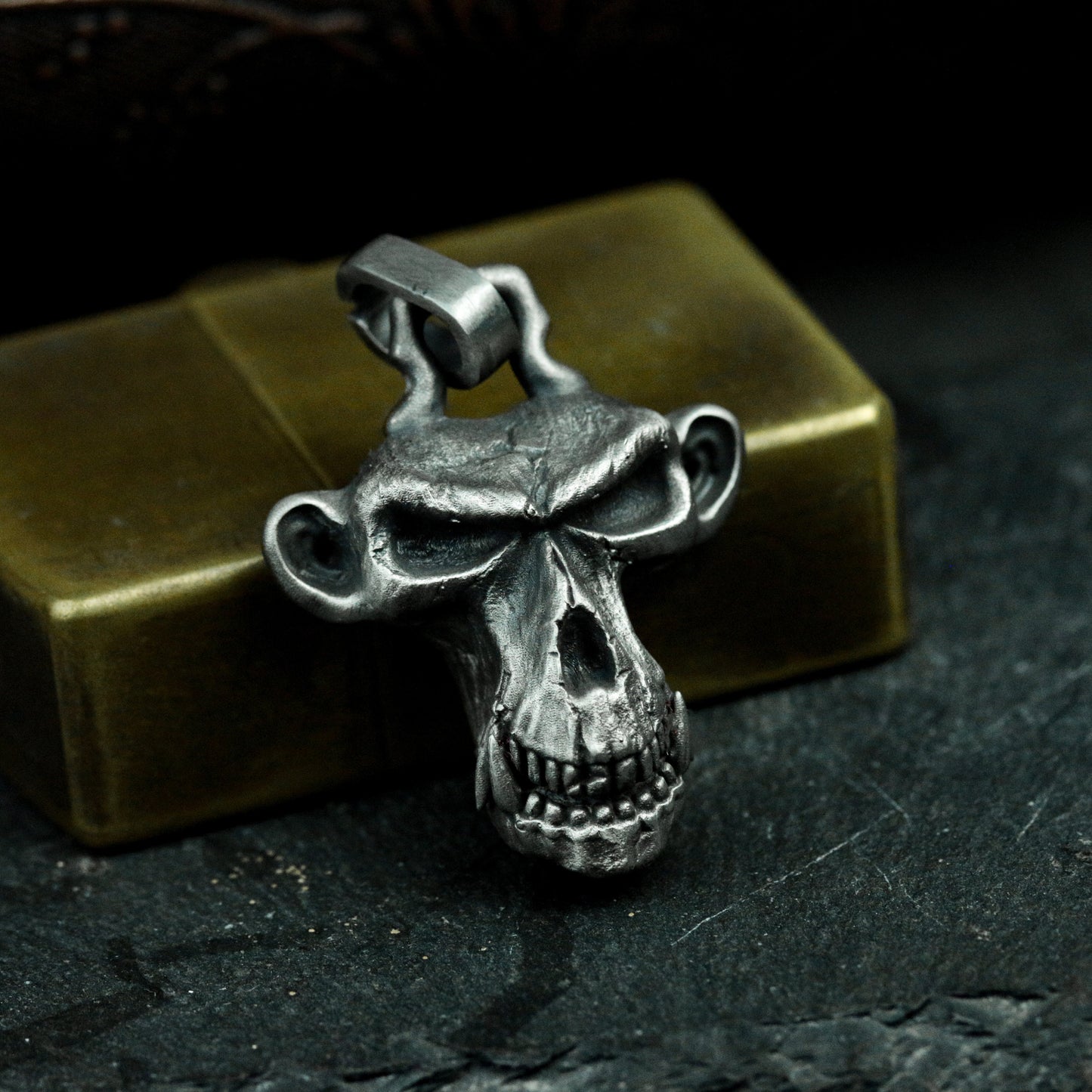 Skull Monkey Pendant with Tribal Frame - 925 Sterling Silver Handmade