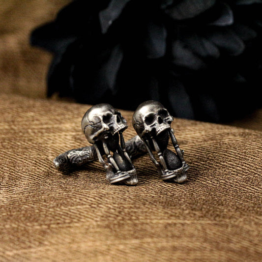Hourglass Skull Cufflinks, Time Art Design - 925 Sterling Silver Handmade
