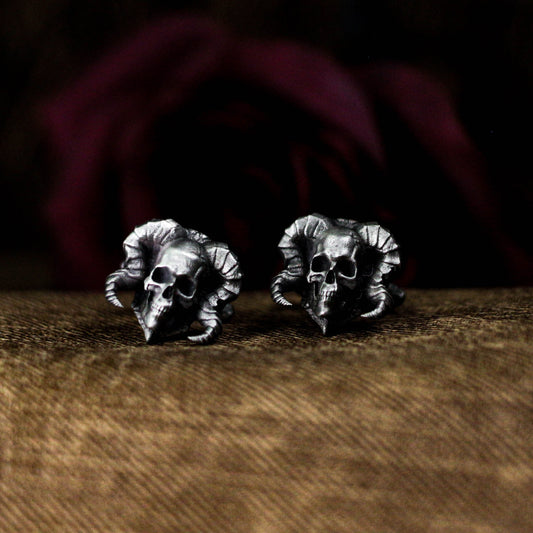 Ram's Horn Skull Cufflinks - 925 Sterling Silver Handmade