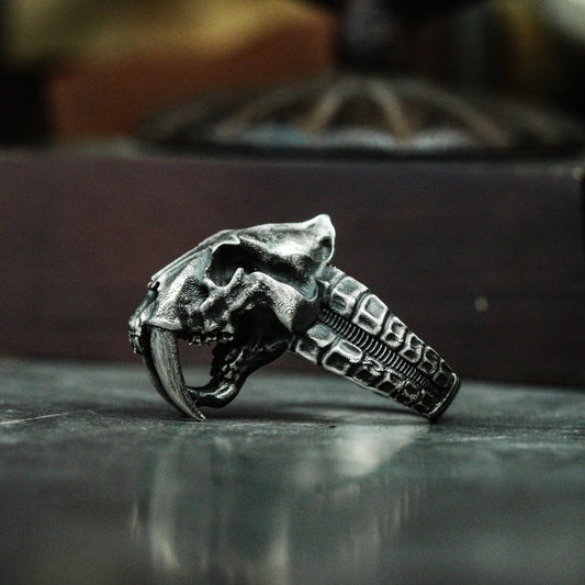 Saber-tooth Tiger Skull Ring - 925 Silver Handmade