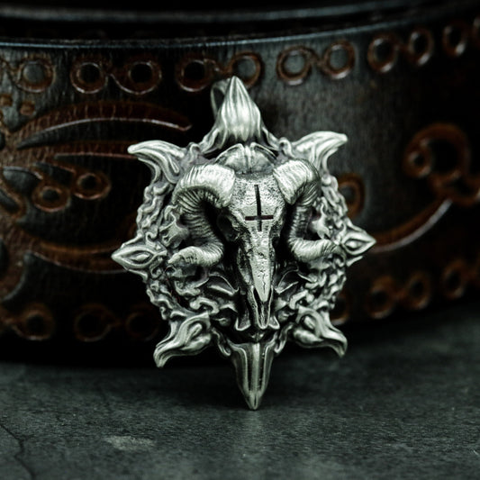 Ram Skull Pendant with Stylized Flames ¨C 925 Sterling Silver Handmade