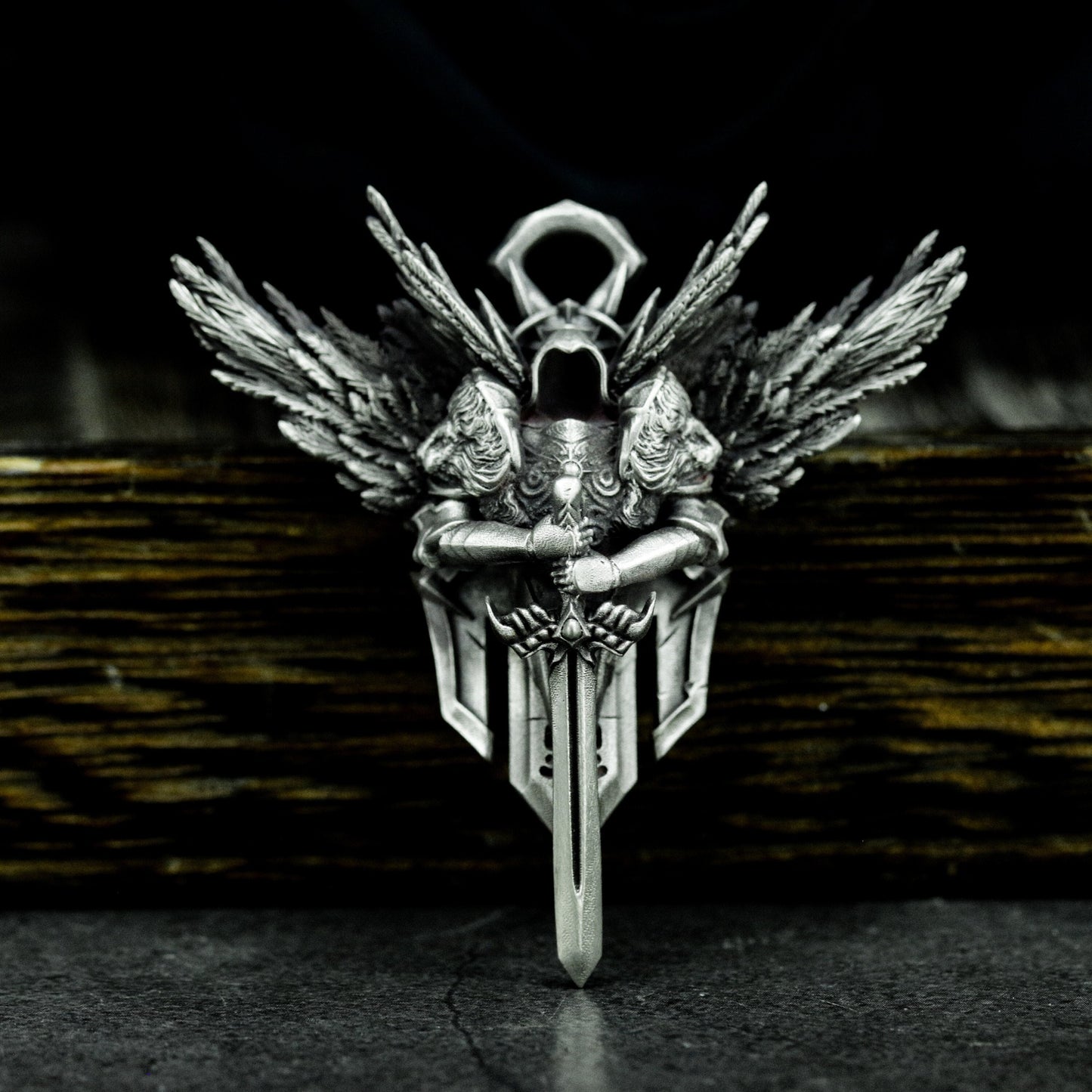 Winged Warrior Pendant with Blade and Shield - 925 Sterling Silver Handmade