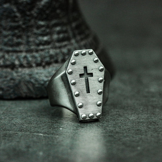 Coffin Cross Ring with Studded Border ¨C 925 Sterling Silver Handmade