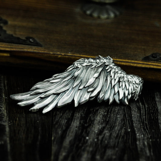 Broken Wing Pendant with Layered Feathers - 925 Sterling Silver Handmade