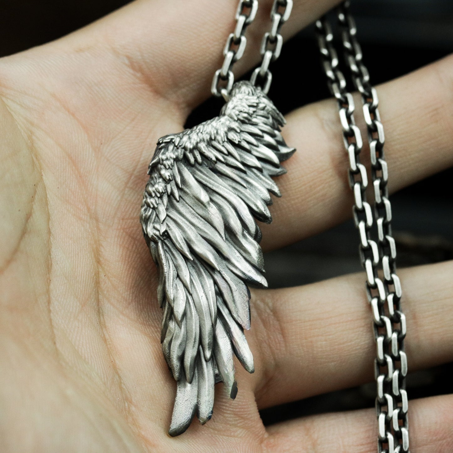 Broken Wing Pendant with Layered Feathers - 925 Sterling Silver Handmade