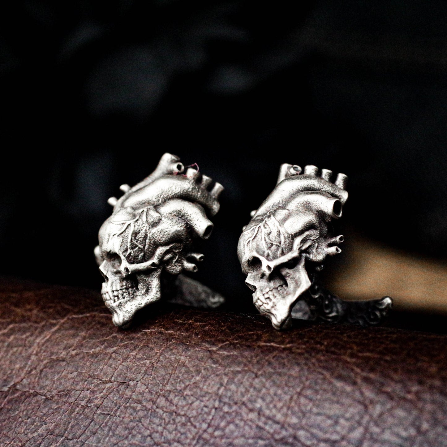 Anatomical Heart Skull Cufflinks, 925 Silver Handmade