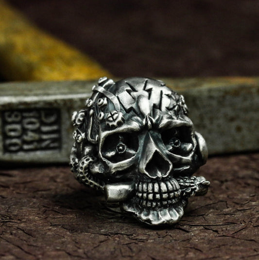 Retro Skull Ring ¨C Handmade 925 Silver Cyberpunk Gothic Band
