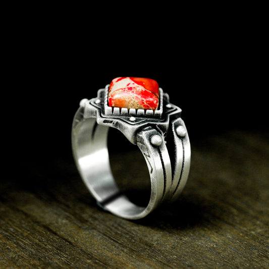 Red Stone Gothic Signet Ring ¨C 925 Sterling Silver Handmade