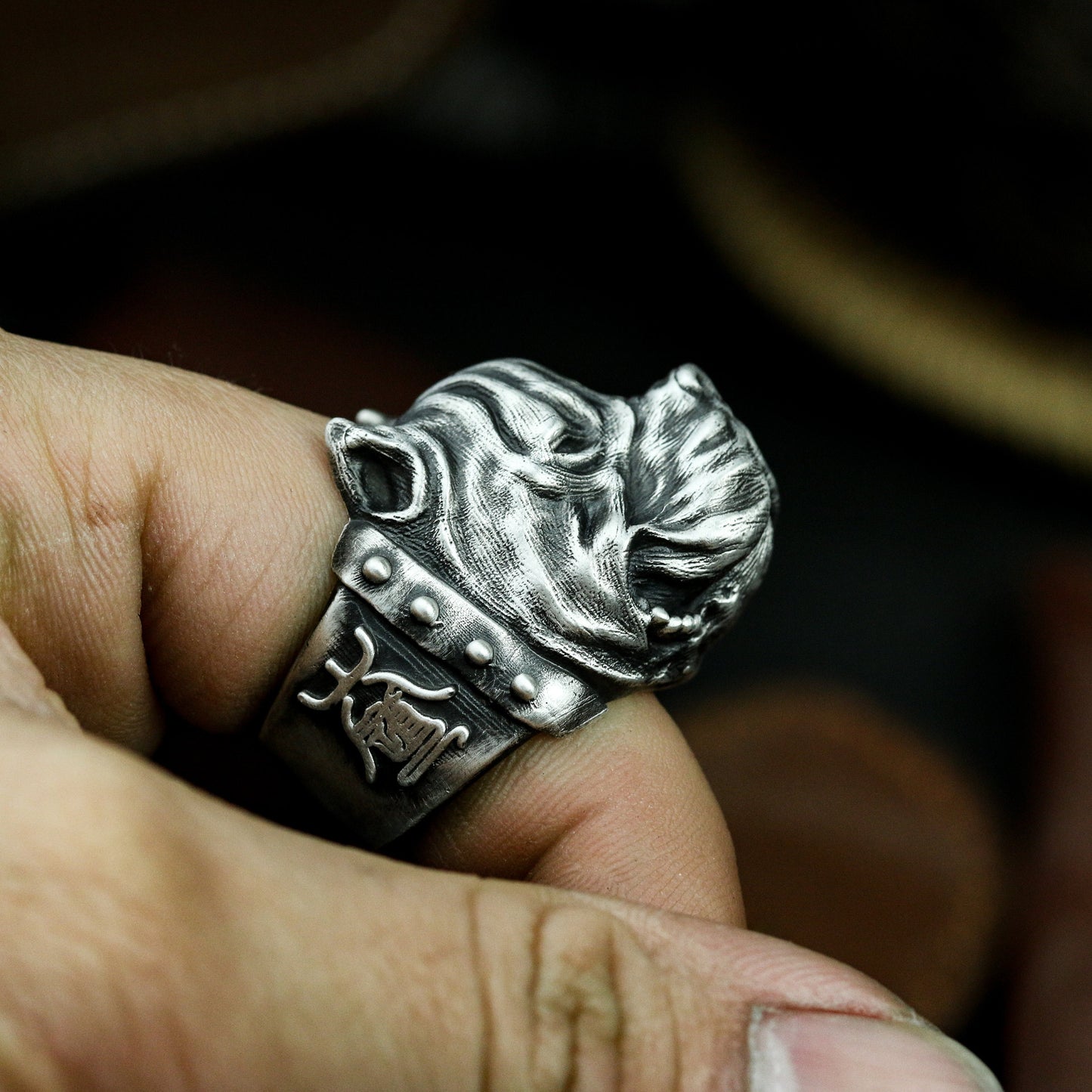 Bulldog Ring - 925 Silver Handmade Wrinkled Warrior