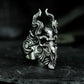 Horned Demon Goat Ring with Carved Flames ¨C 925 Sterling Silver Handmade