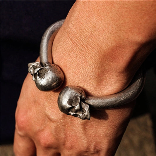 Twin Skull Torque Bracelet ¨C 925 Sterling Silver Handmade