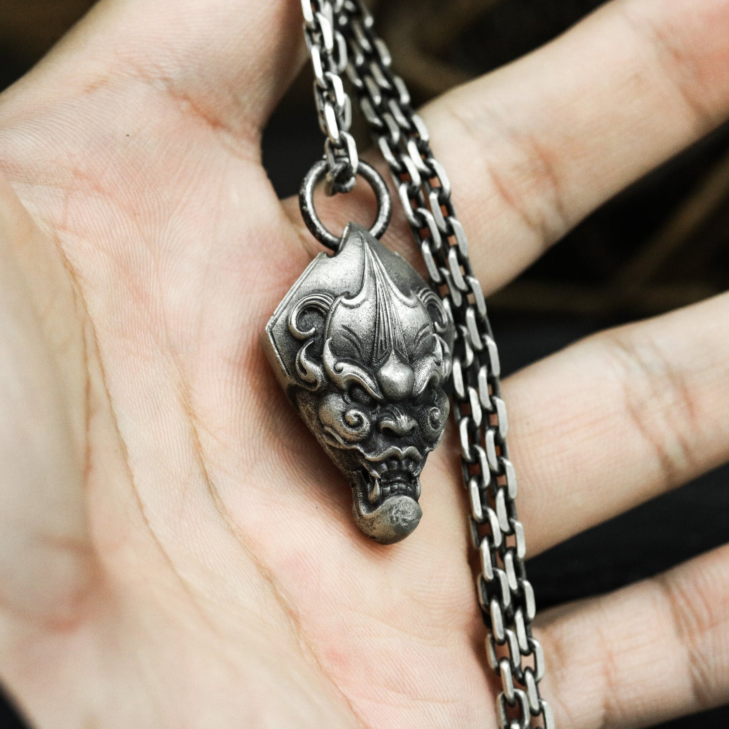 Mythical Beast Pendant with Fierce Expression - 925 Sterling Silver Handmade