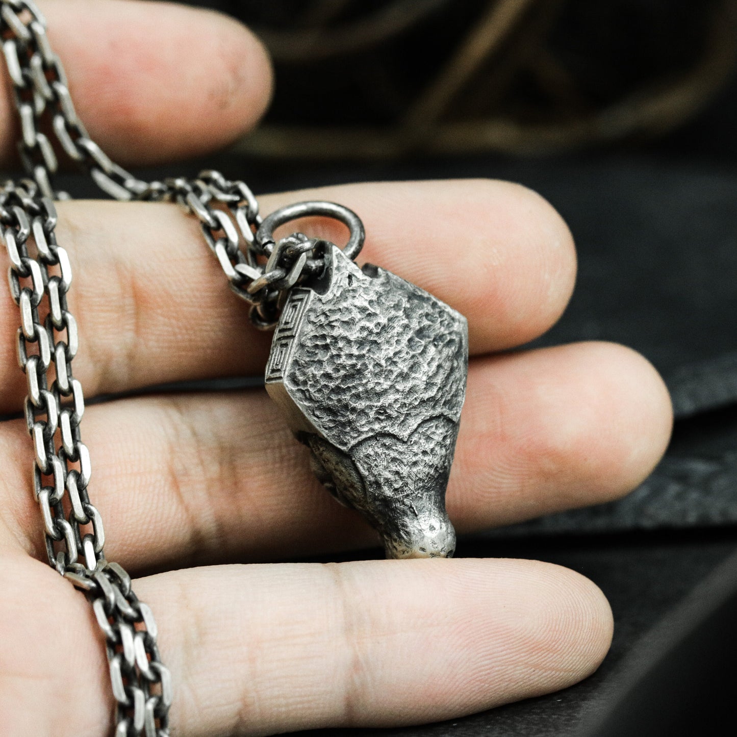 Mythical Beast Pendant with Fierce Expression - 925 Sterling Silver Handmade