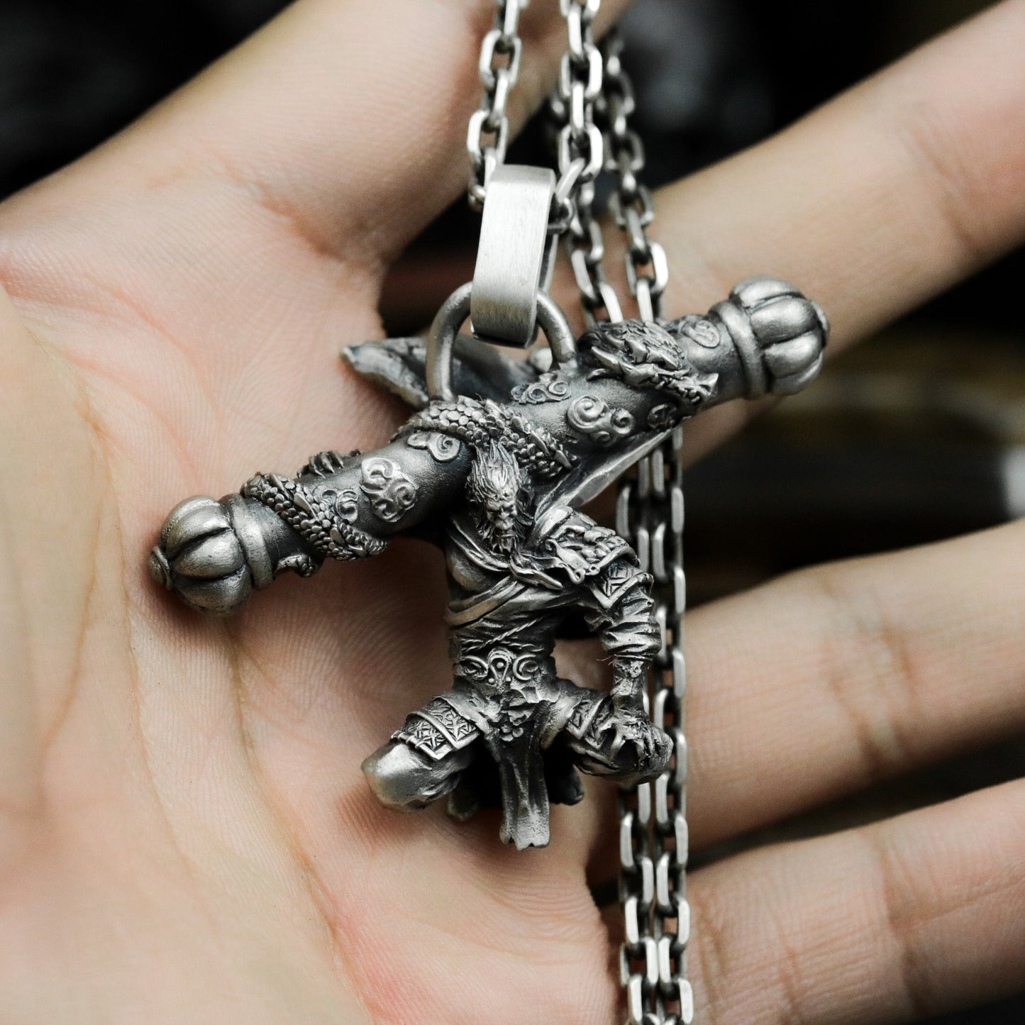 Monkey King Crossed Weapons Pendant - 925 Sterling Silver Handmade