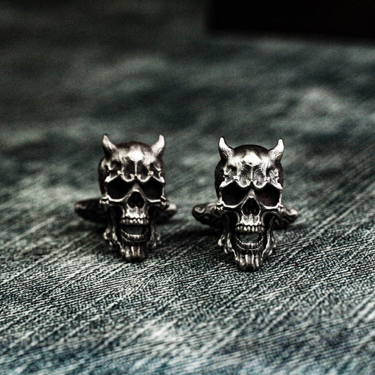 Devil Horn Skull Cufflinks, 925 Silver Handmade
