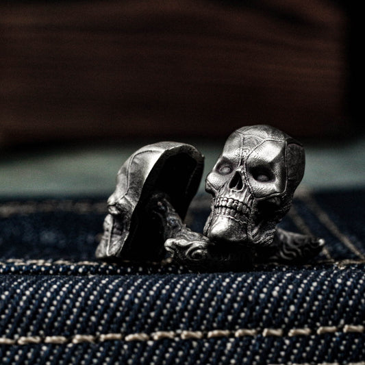 Warrior Skull Cufflinks - Dark Gothic Armor 925 Silver Handmade