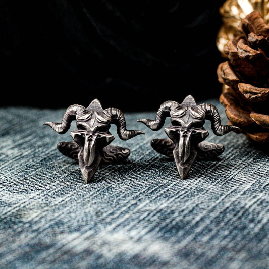Vintage Sheep Skull Horn Cufflinks - 925 Silver Handmade