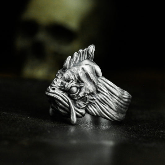 Grotesque Fish Face Ring with Textured Fins - 925 Sterling Silver Handmade