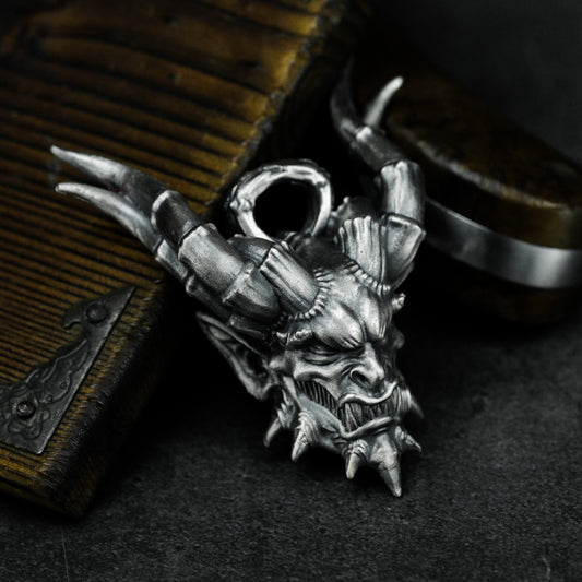 Armored Bull Demon Pendant with Curved Horns ¨C 925 Sterling Silver Handmade