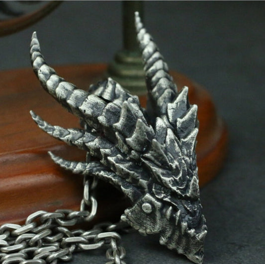 Dragon Head Pendant with Spiked Horns ¨C 925 Sterling Silver Handmade
