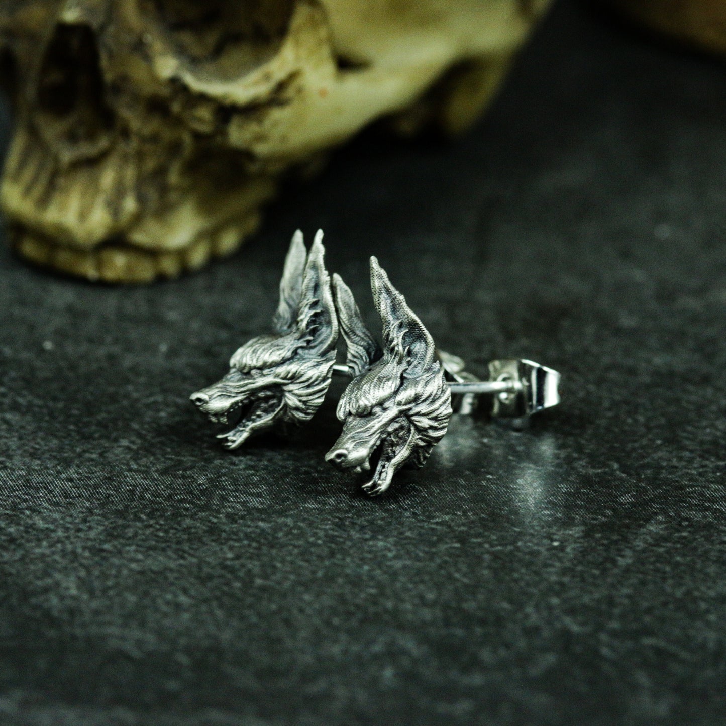 Long Ear Wolf Earrings ¨C Handmade 925 Silver Gothic Beast Studs