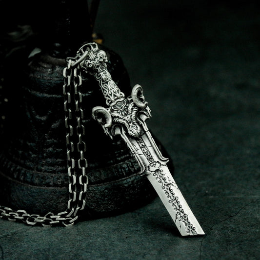 Gothic Sword Pendant with Skull Pommel ¨C 925 Sterling Silver Handmade