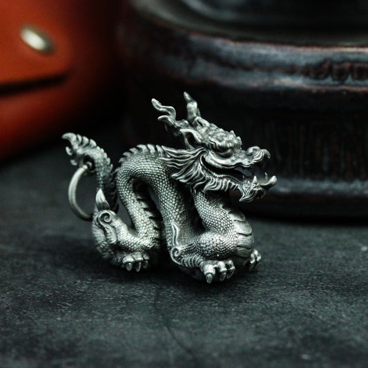 Chinese Dragon Pendant in Coiled Pose ¨C 925 Sterling Silver Handmade