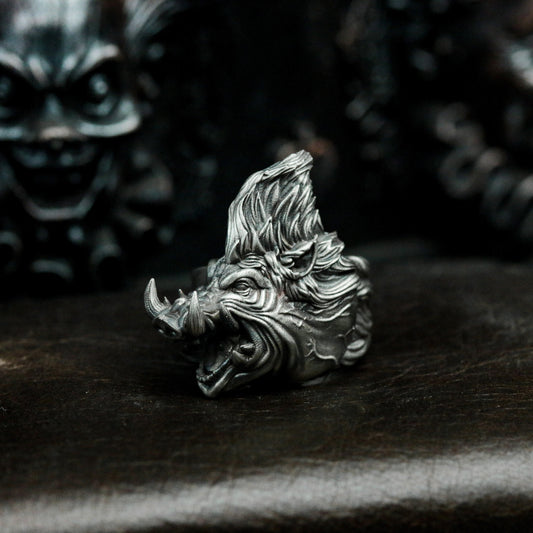 Wild Boar Skull Ring - 925 Silver Handmade