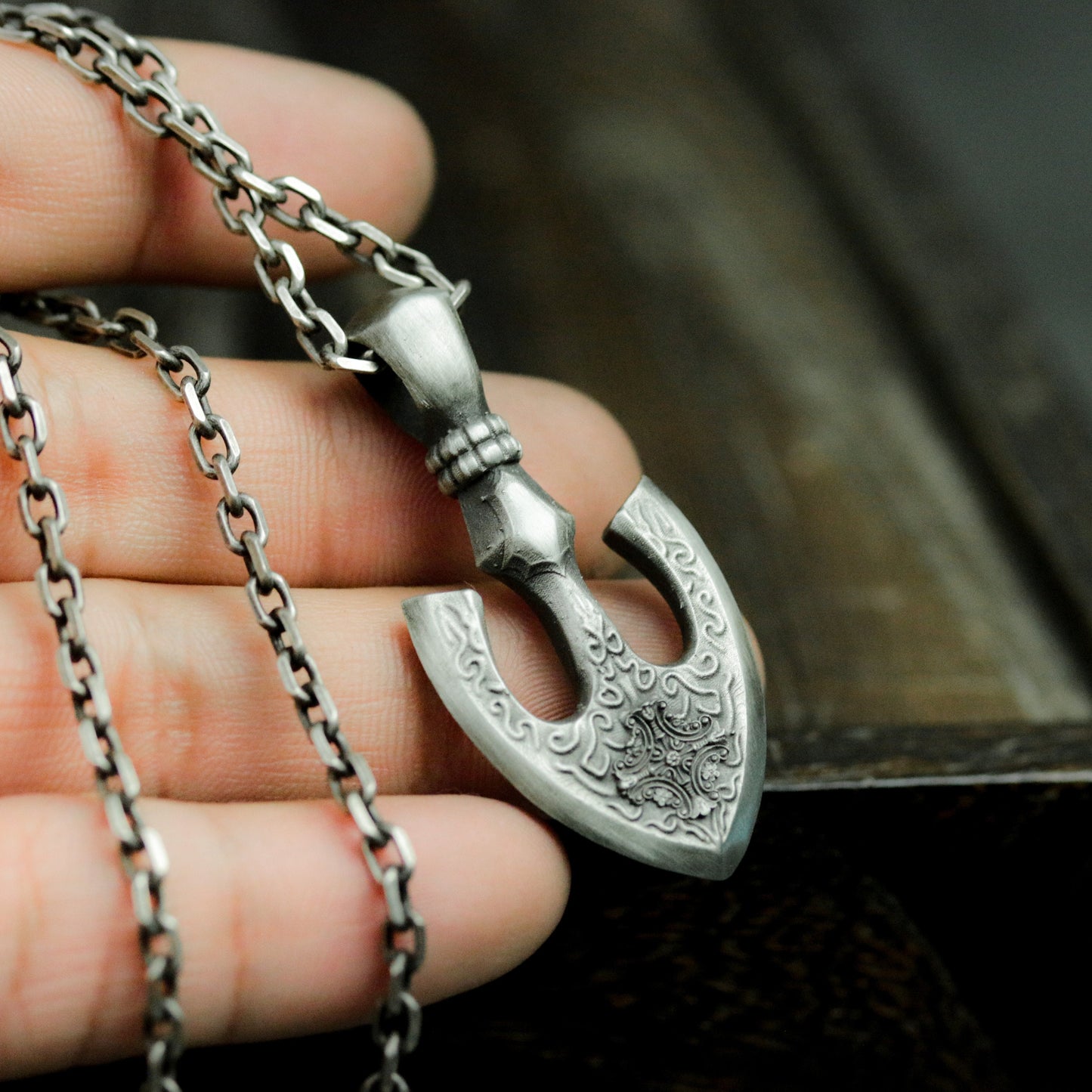 Gothic Anchor Pendant with Ornate Carving - 925 Sterling Silver Handmade