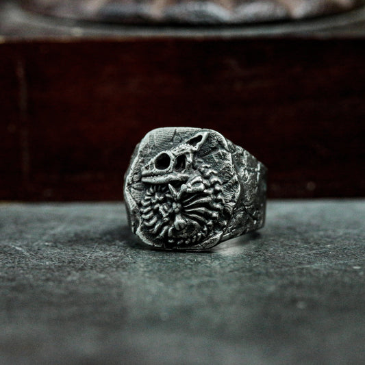 Chameleon Fossil Ring with Cracked Stone Texture ¨C 925 Sterling Silver Handmade