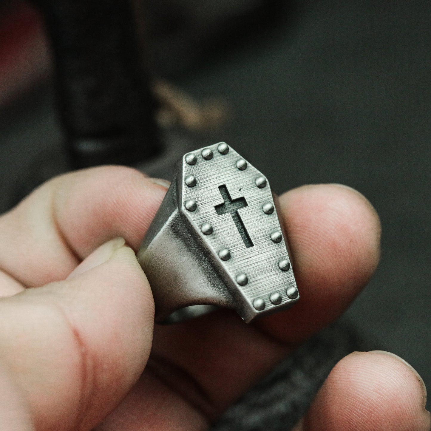 Coffin Cross Ring with Studded Border ¨C 925 Sterling Silver Handmade