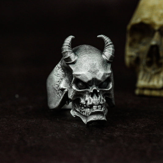 Demon Skull Ring with Horns and Fangs ¨C 925 Sterling Silver Handmade