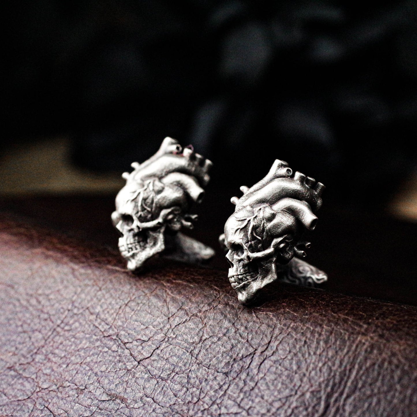 Anatomical Heart Skull Cufflinks, 925 Silver Handmade