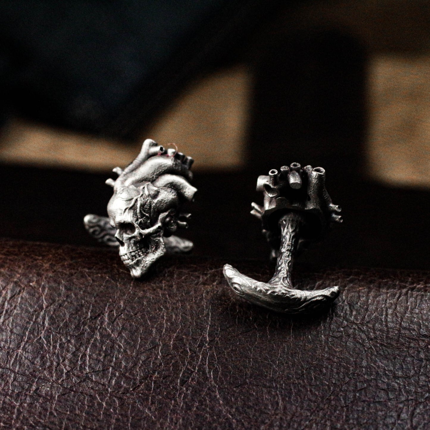 Anatomical Heart Skull Cufflinks, 925 Silver Handmade