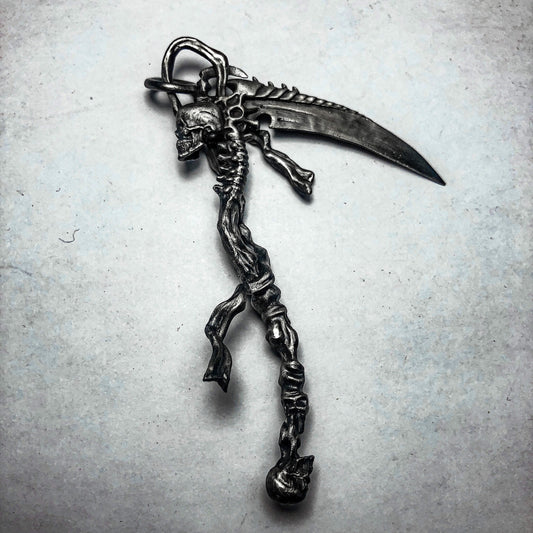 Minimal Grim Reaper Pendant with Long Scythe ¨C 925 Sterling Silver Handmade