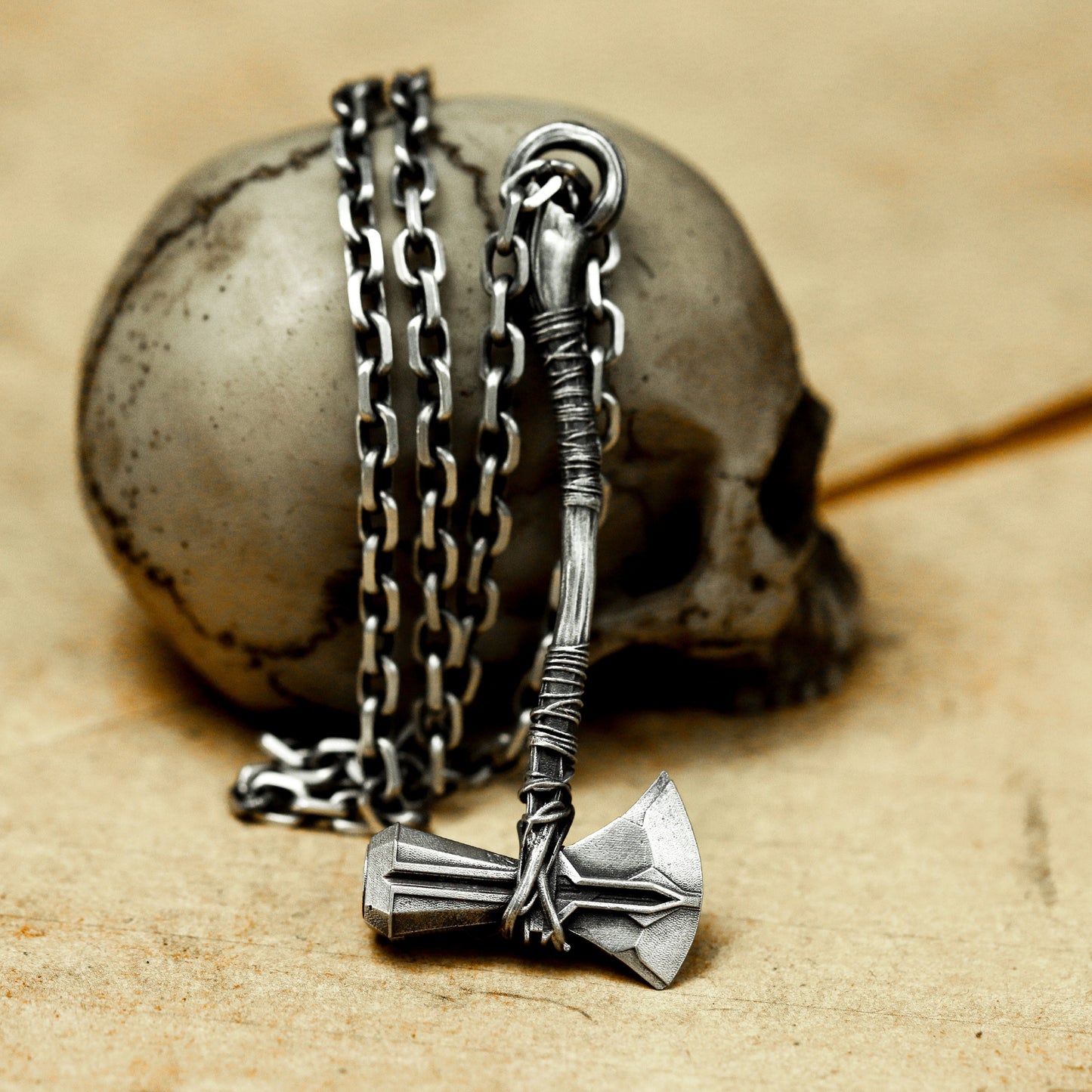 Small Battle Axe Pendant with Wrapped Grip - 925 Sterling Silver Handmade