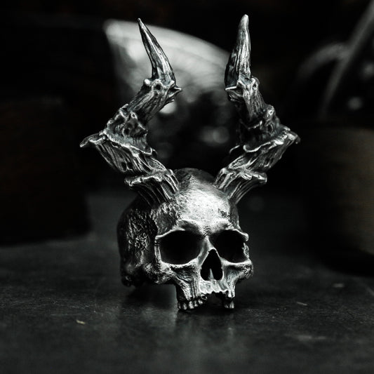 Horned Skull Ring with Bone Crown ¨C 925 Sterling Silver Handmade