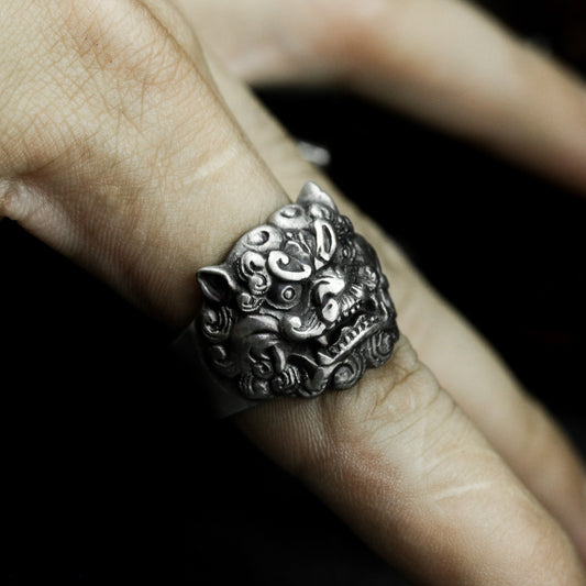 Lion Statue Ring ¨C Handmade 925 Silver Spiritual Beast Band